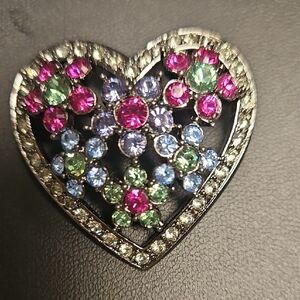 Vintage Joan Rivers HEART Brooch Floral Crystal Pink Peridot Baby Blue Rhineston